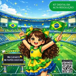 Menina cartoon vestida com roupa verde e amarela comemorando a Copa do Mundo do Brasil em estádio de futebol, ilustração infantil para kit digital e papelaria personalizada