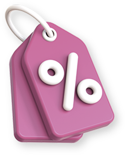 Ícone de etiqueta rosa com símbolo de porcentagem representando desconto e promoção em loja virtual