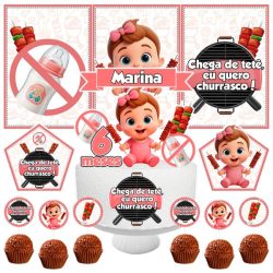 kit mesversário 6 meses chega de tetê eu quero churrasco menina topo de bolo e decoração festa infantil