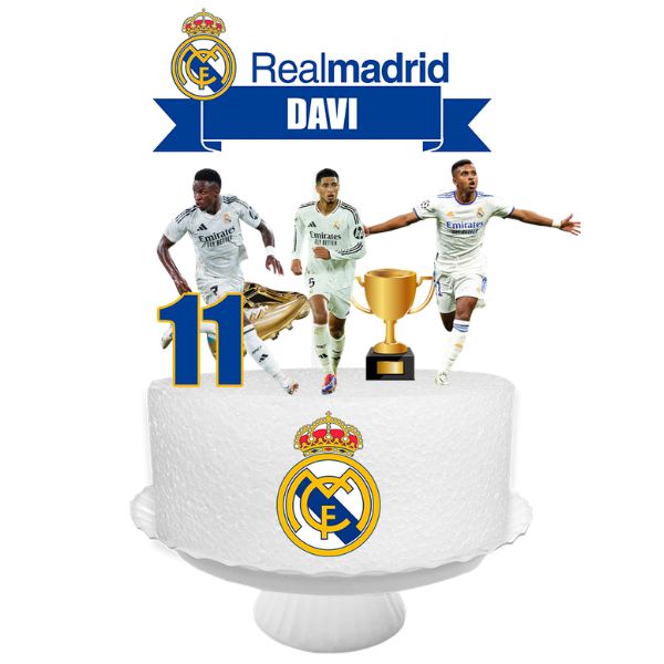 topo de bolo real madrid futebol personalizado nome e idade 11 anos decoração festa infantil futebol