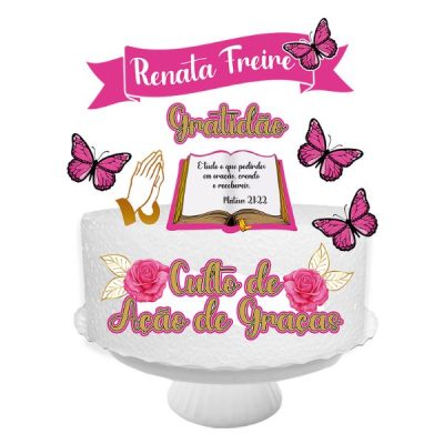 Topo de bolo personalizado para culto de ação de graças com Bíblia, borboletas rosas e flores