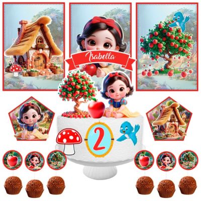 Kit festa Branca de Neve baby personalizada 2 anos com topo de bolo e elementos decorativos