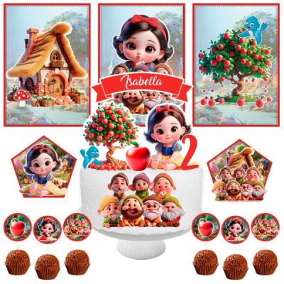 Kit festa Branca de Neve baby 2 anos com anões, maçã e decoração completa personalizada