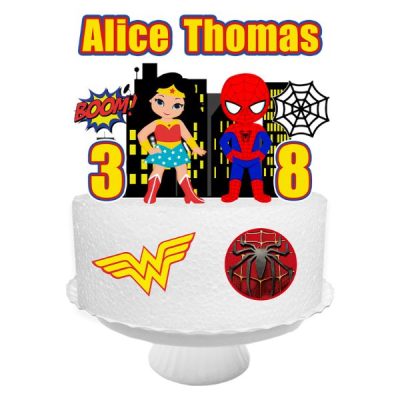 Topo de bolo infantil Homem Aranha e Mulher Maravilha tema super heróis festa infantil personalizado