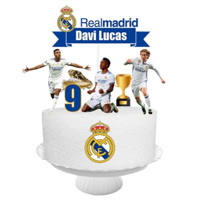 topo de bolo futebol real madrid personalizado nome idade decoração festa futebol infantil