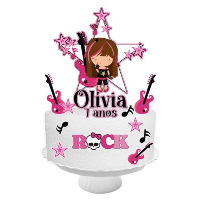 topo de bolo rock star menina 1 ano decoração festa infantil guitarra tema musical