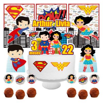 Kit só um bolinho super-heróis personalizado mesversário com Superman e Mulher Maravilha