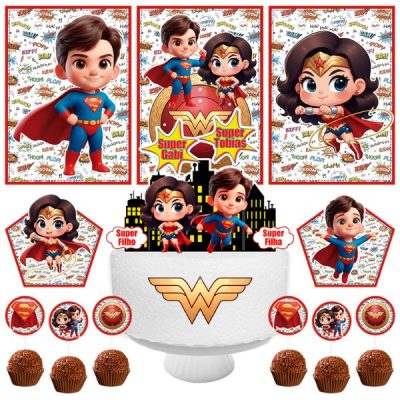 Kit só um bolinho super-heróis personalizado com Superman e Mulher Maravilha infantil